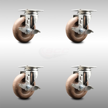 Service Caster 4 Inch 316SS High Temp Glass Filled Nylon Swivel Top Plate Caster Set with Brake SCC-SS31620S414-GFNSHT-TLB-4
